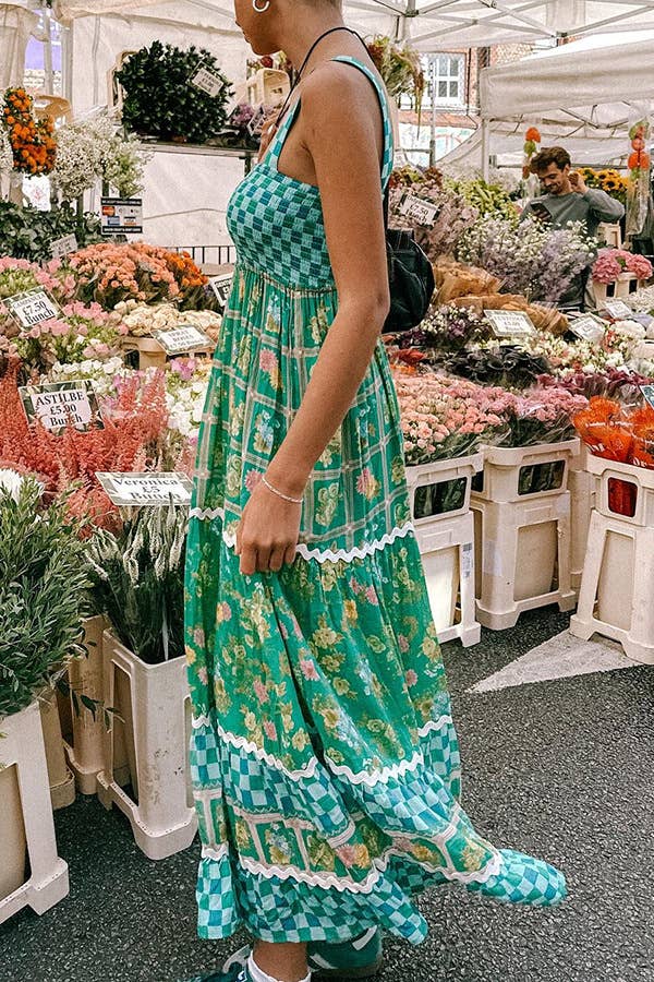 Rosa Clothing - Green checkered Unique Floral Boho ric rac tiered dress