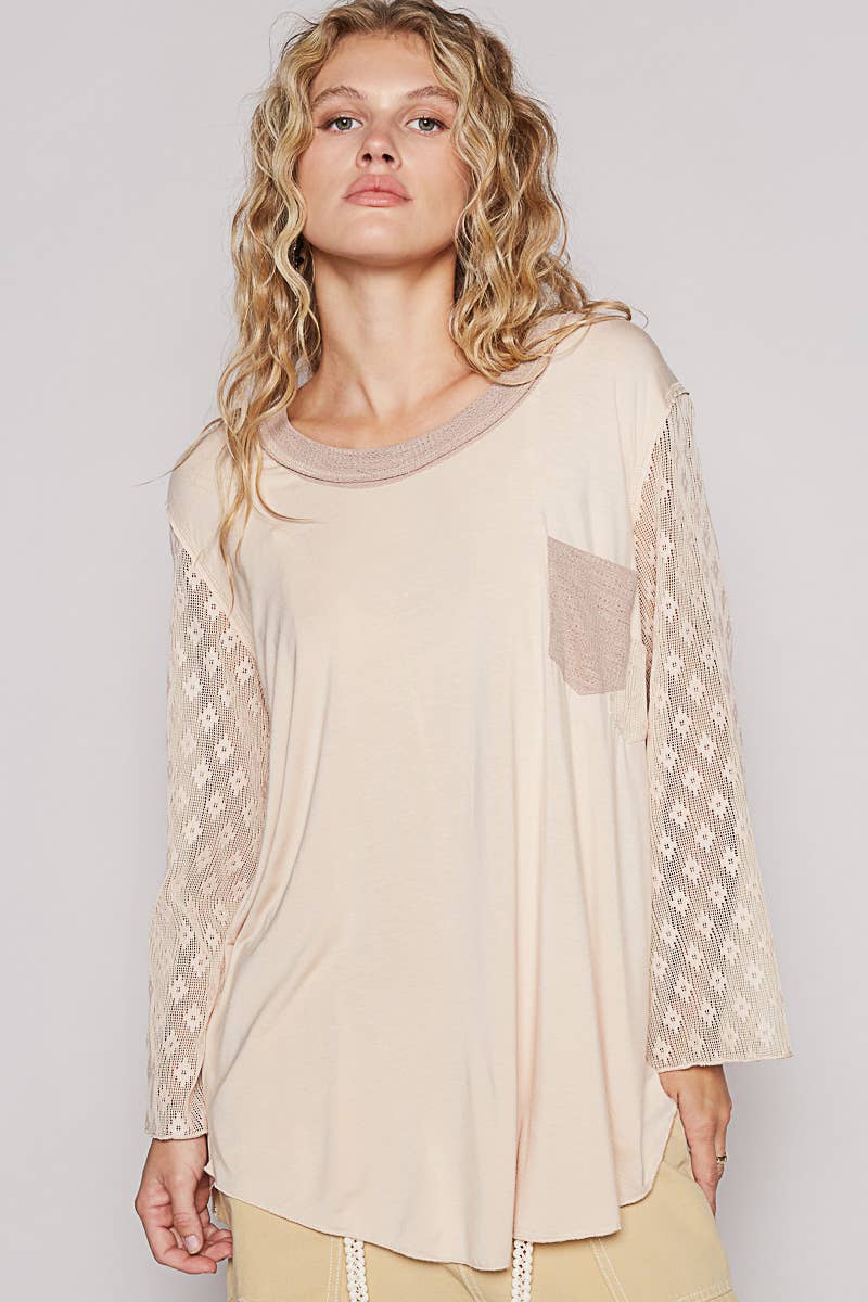 Pol Clothing - Scoop neck lace long sleeve front pocket solid top