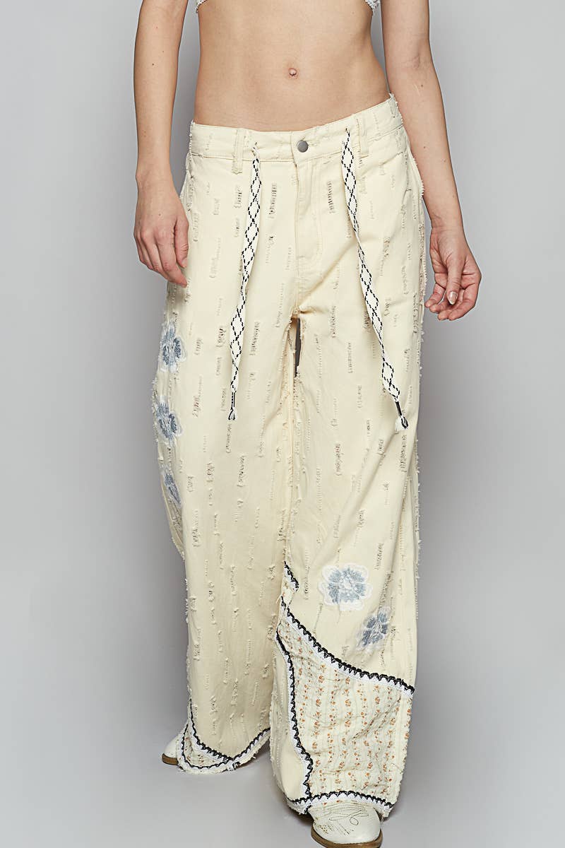 Pol Clothing - Floral patches embroidery elastic band casual pant