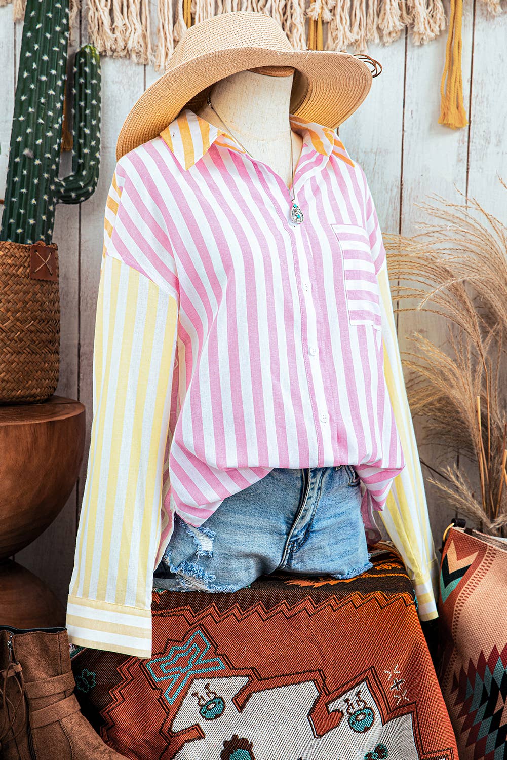fashionworks - Fashion-W Stripe Collar Patchwork Long Sleeve Shirt