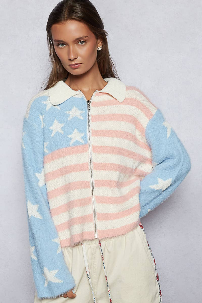 Pol Clothing - Collar neck long sleeve American flag mohair sweater jacket