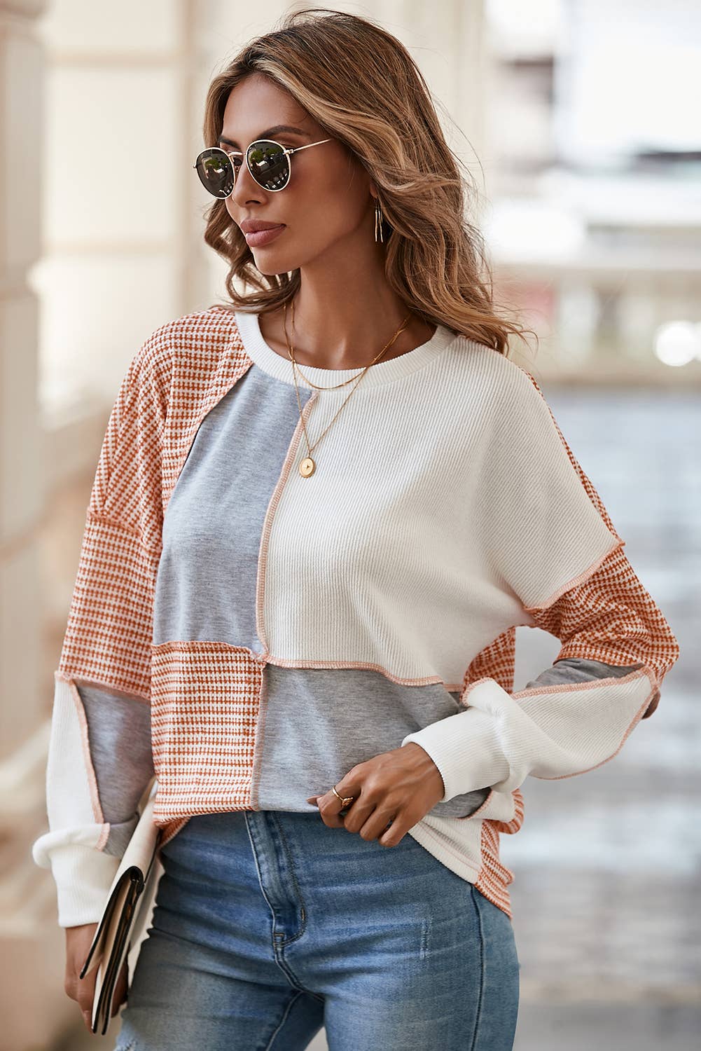 Multicolor Exposed Seam Colorblock Oversized Knit Top