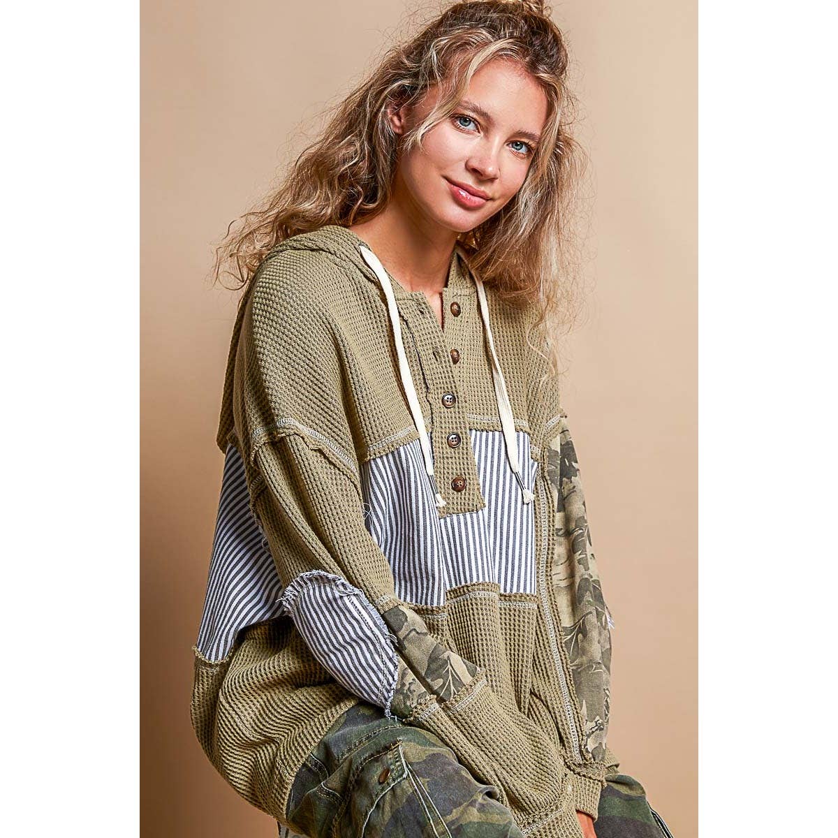 Pol Clothing - Printed camo sleeve elbow patches solid top SALE
