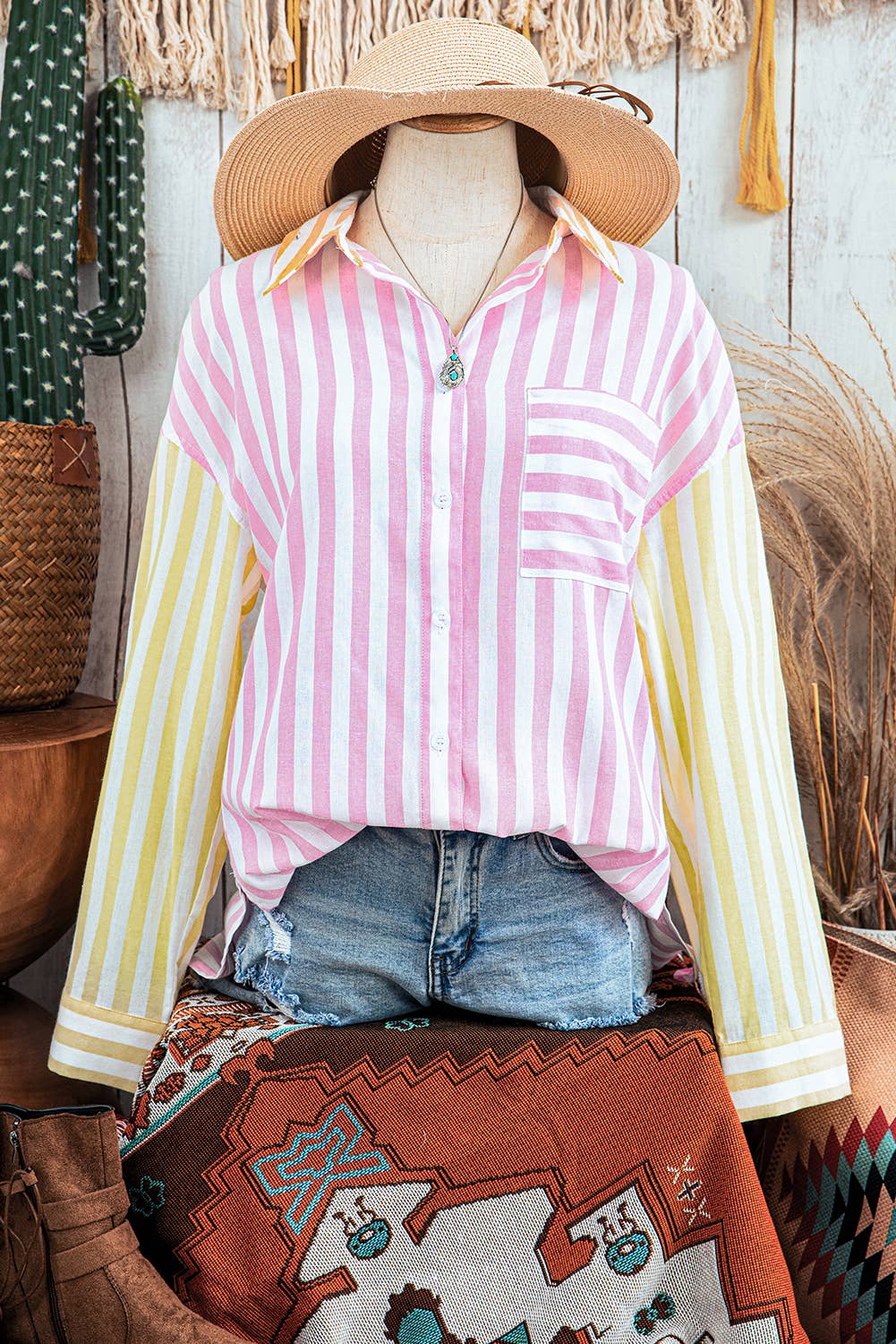 fashionworks - Fashion-W Stripe Collar Patchwork Long Sleeve Shirt