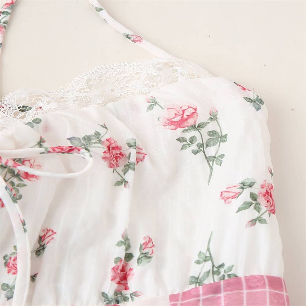 Rosa Clothing - Floral sheer mesh lace patchwork halter maxi flare dress