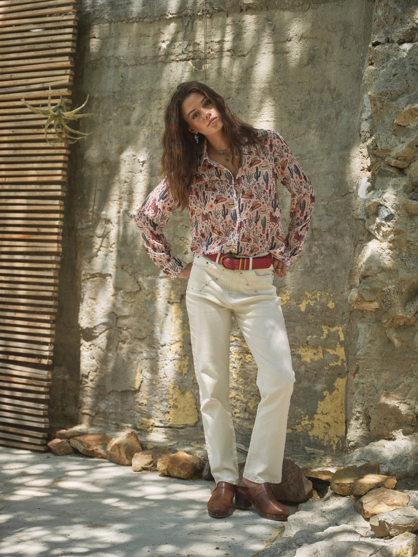Blue B - 36204T - Western Print Chiffon Button Up Blouse