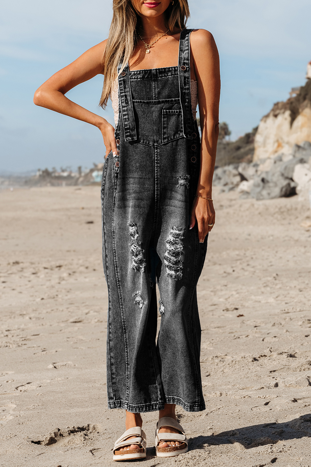 1 the Woman - Distressed Pocketed Wide Leg Capri Denim Overall | 2 Colors