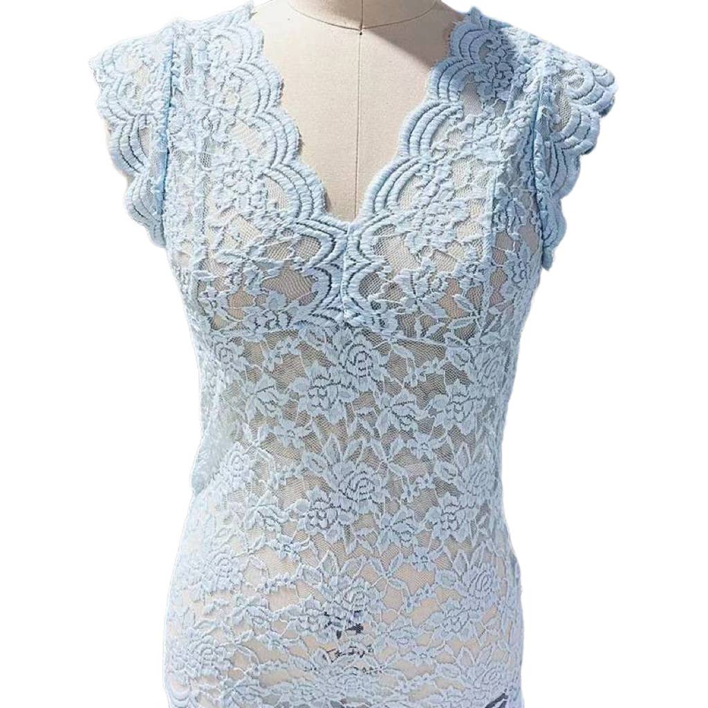 Rosa Clothing - Floral sheer lace fitted tank sleeveless v-neck top