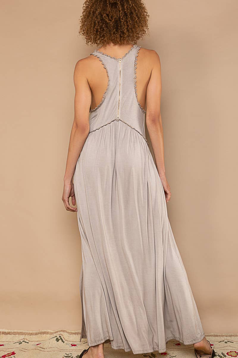 Pol Clothing - Sleeveless racerback back zipper front slit knit maxi dress
