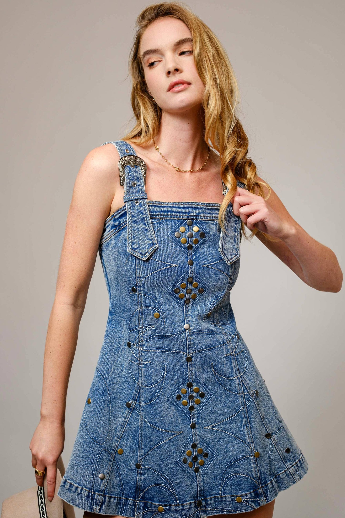 Blue B - 23466D - Studded Western Buckle Stretch Denim Dress