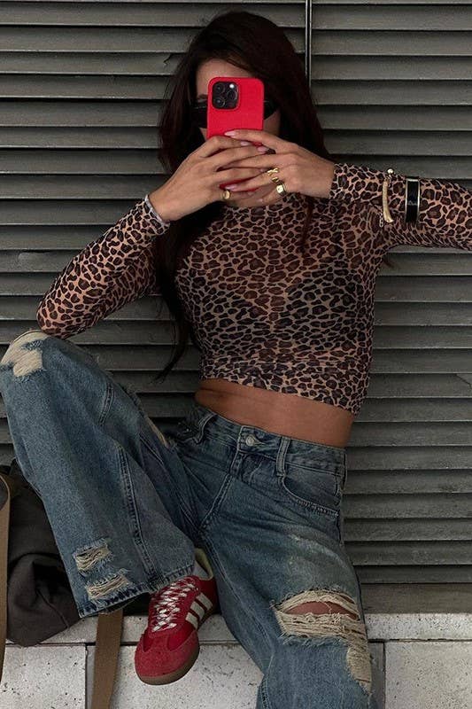Rosa Clothing - Leopard semi sheer mesh see-through long sleeve Top