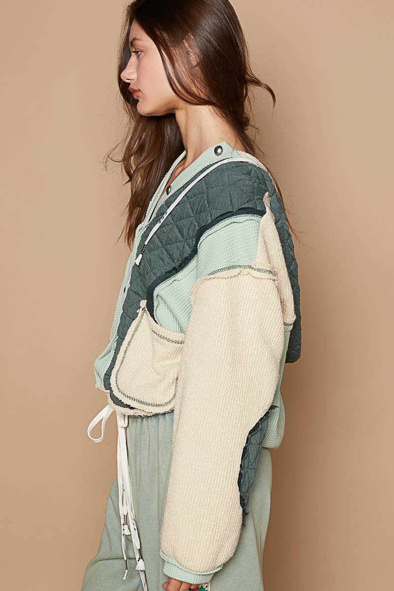 Pol Clothing - Cut sew multi fabric hooded button down combo shacket SALE