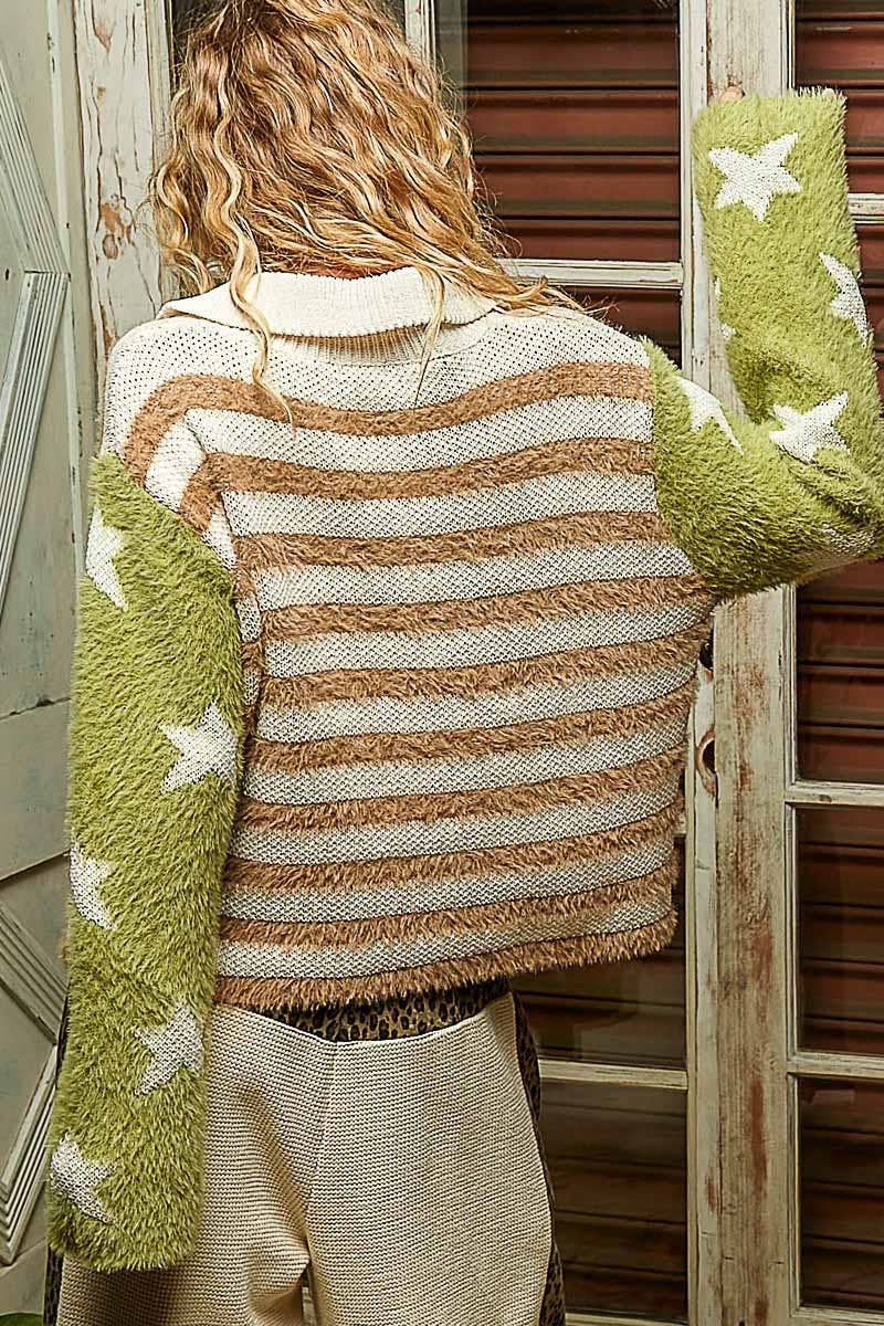 Pol Clothing - Collar neck long sleeve American flag mohair sweater jacket