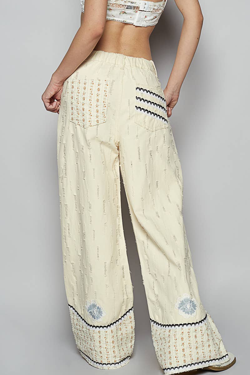 Pol Clothing - Floral patches embroidery elastic band casual pant