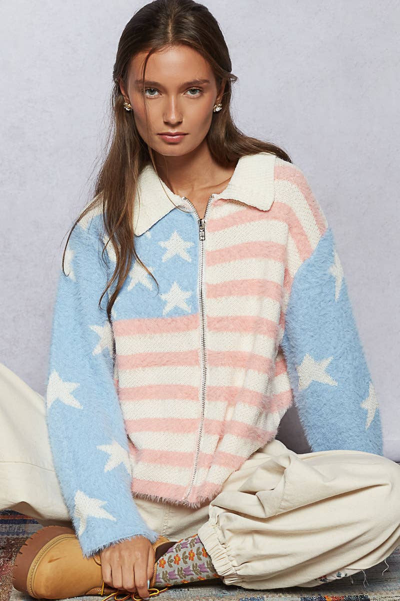 Pol Clothing - Collar neck long sleeve American flag mohair sweater jacket