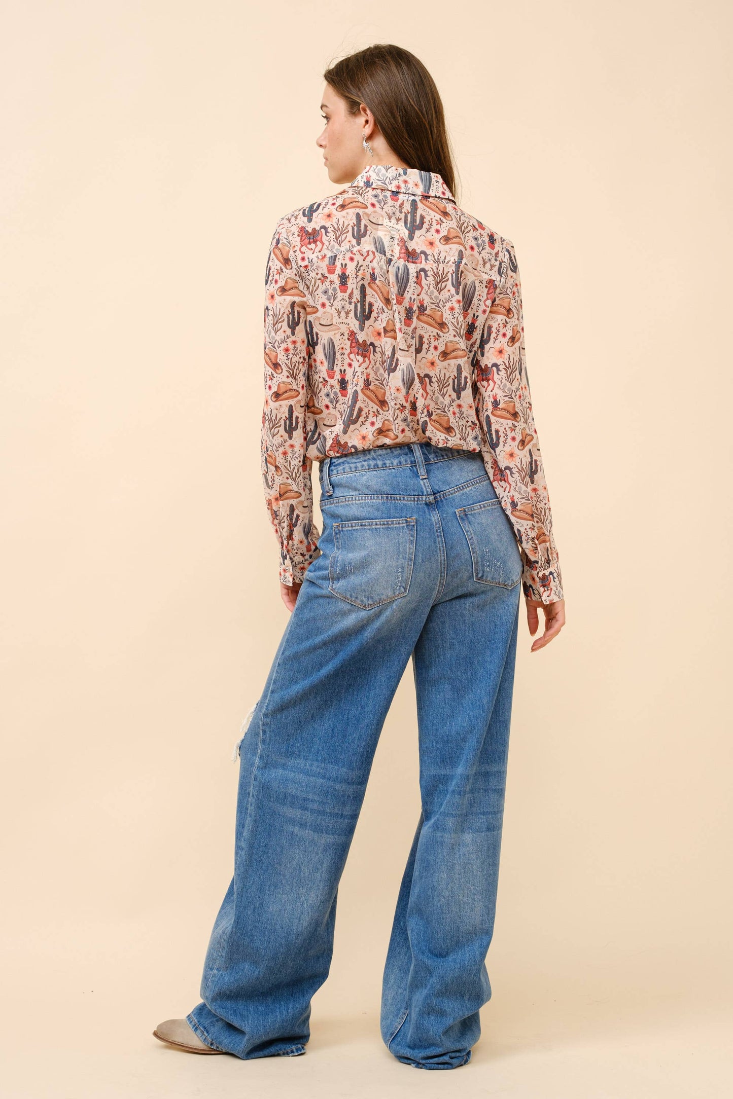 Blue B - 36204T - Western Print Chiffon Button Up Blouse