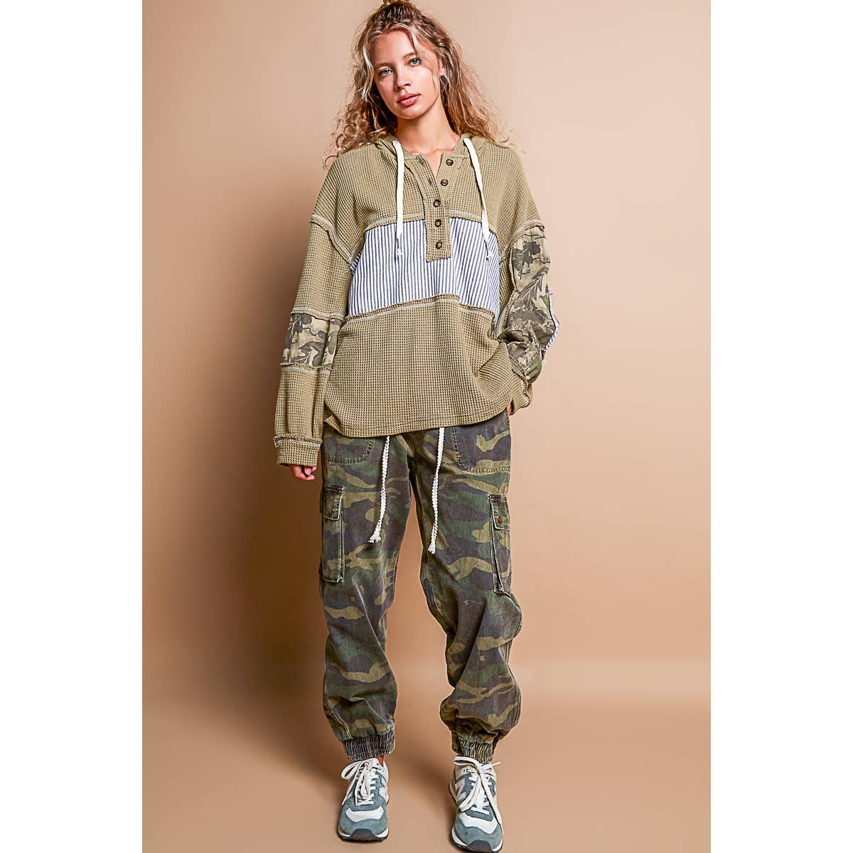 Pol Clothing - Printed camo sleeve elbow patches solid top SALE