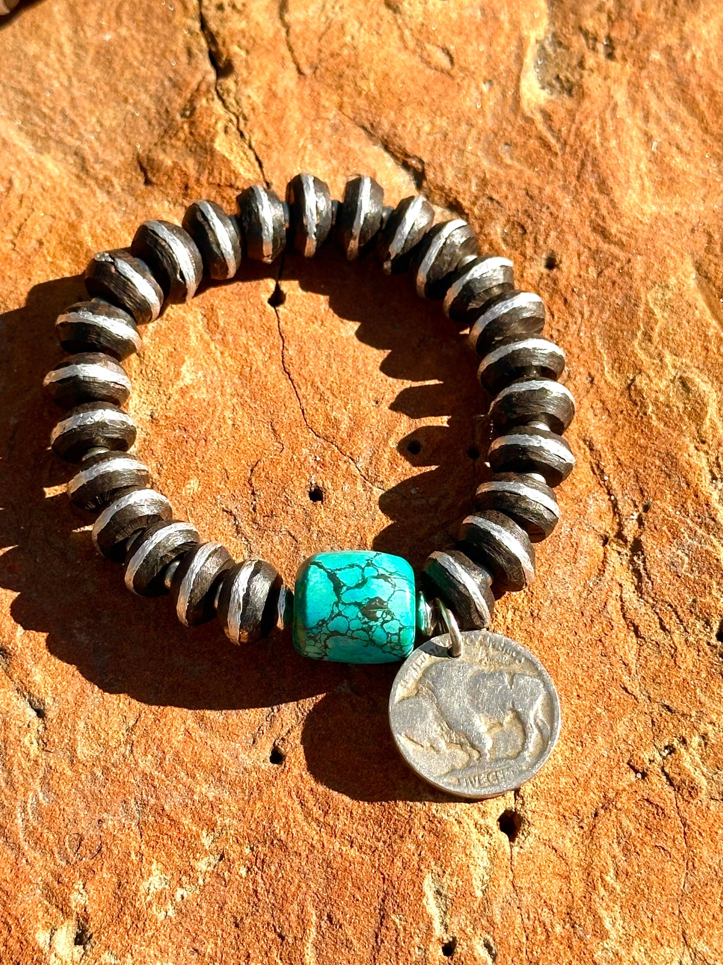 African Ebony Wood and Turquoise Stretch Bracelets