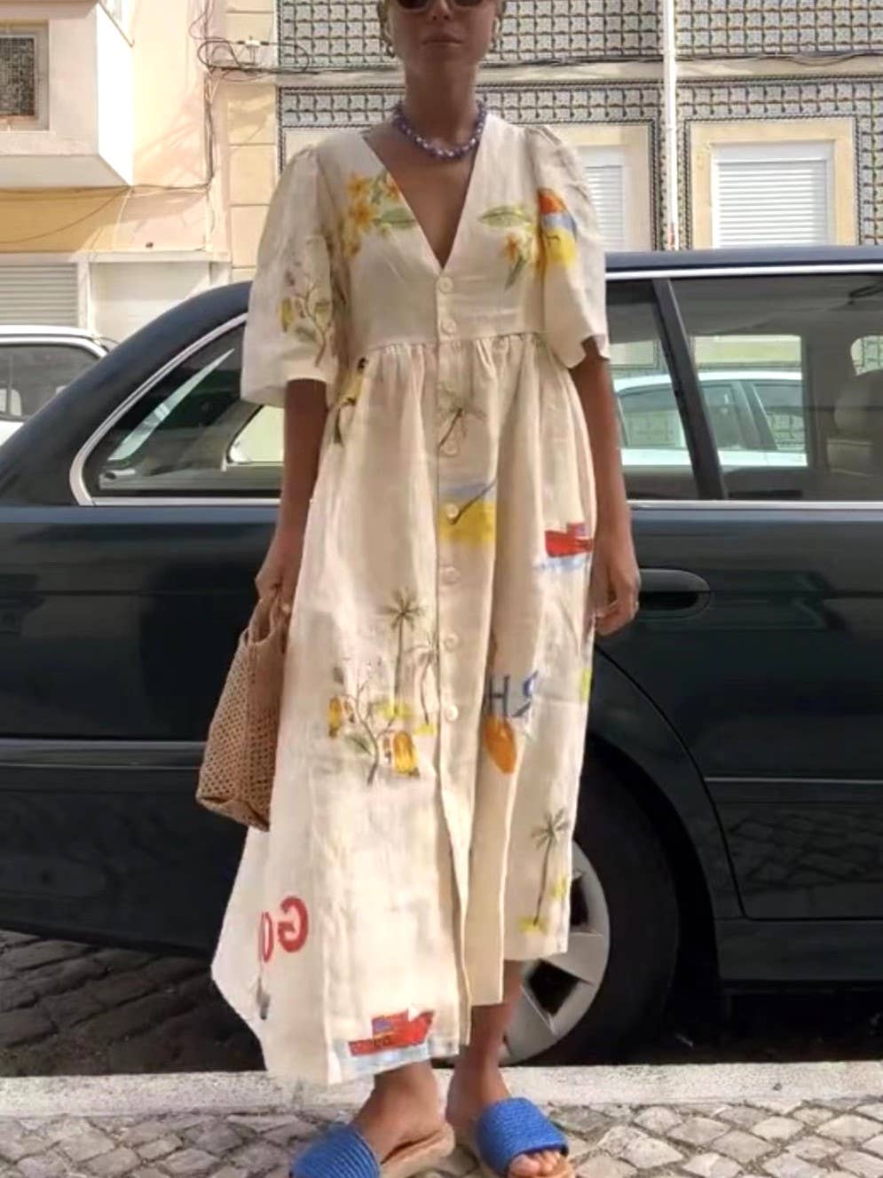 Rosa Clothing - Fashion Print V-Neck Cute Loose Dress