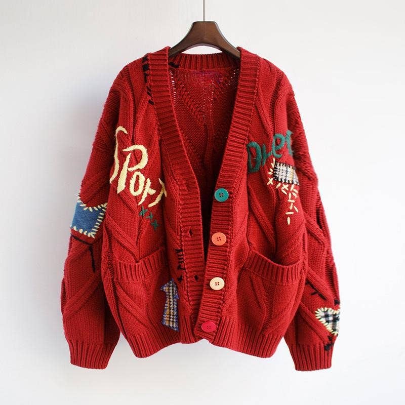 Rosa Clothing - Slouchy Embroidered Cardigan With 6 Colors