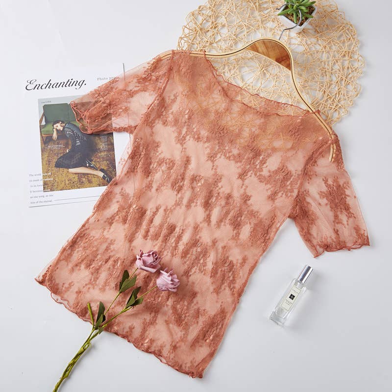 Rosa Clothing - Floral lace mesh see through short sleeve top - 6 colors