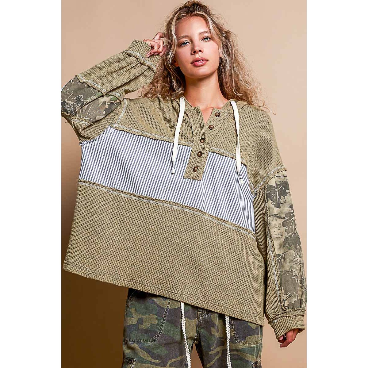 Pol Clothing - Printed camo sleeve elbow patches solid top SALE