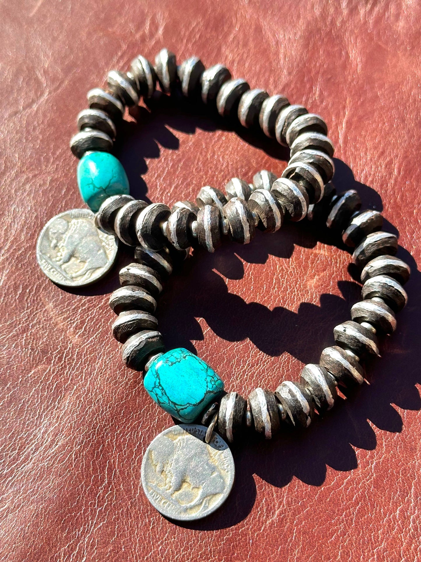 African Ebony Wood and Turquoise Stretch Bracelets