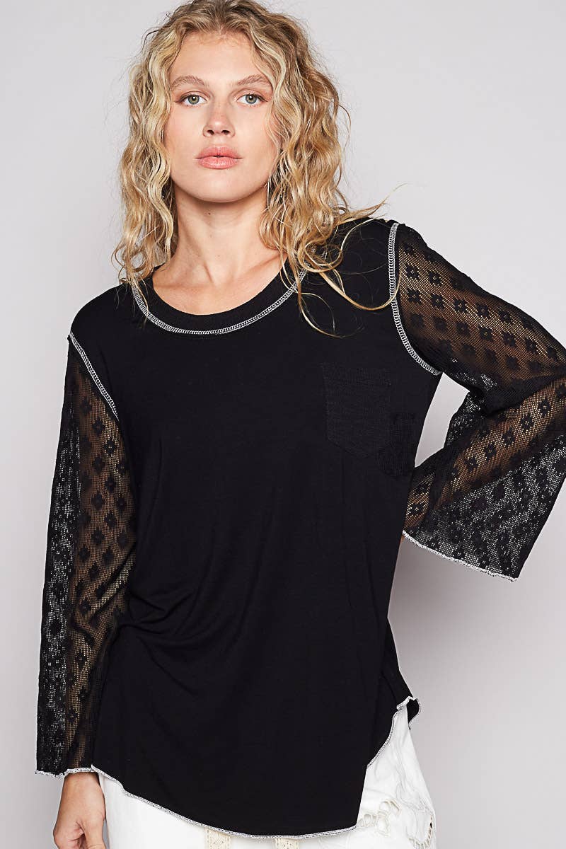 Pol Clothing - Scoop neck lace long sleeve front pocket solid top