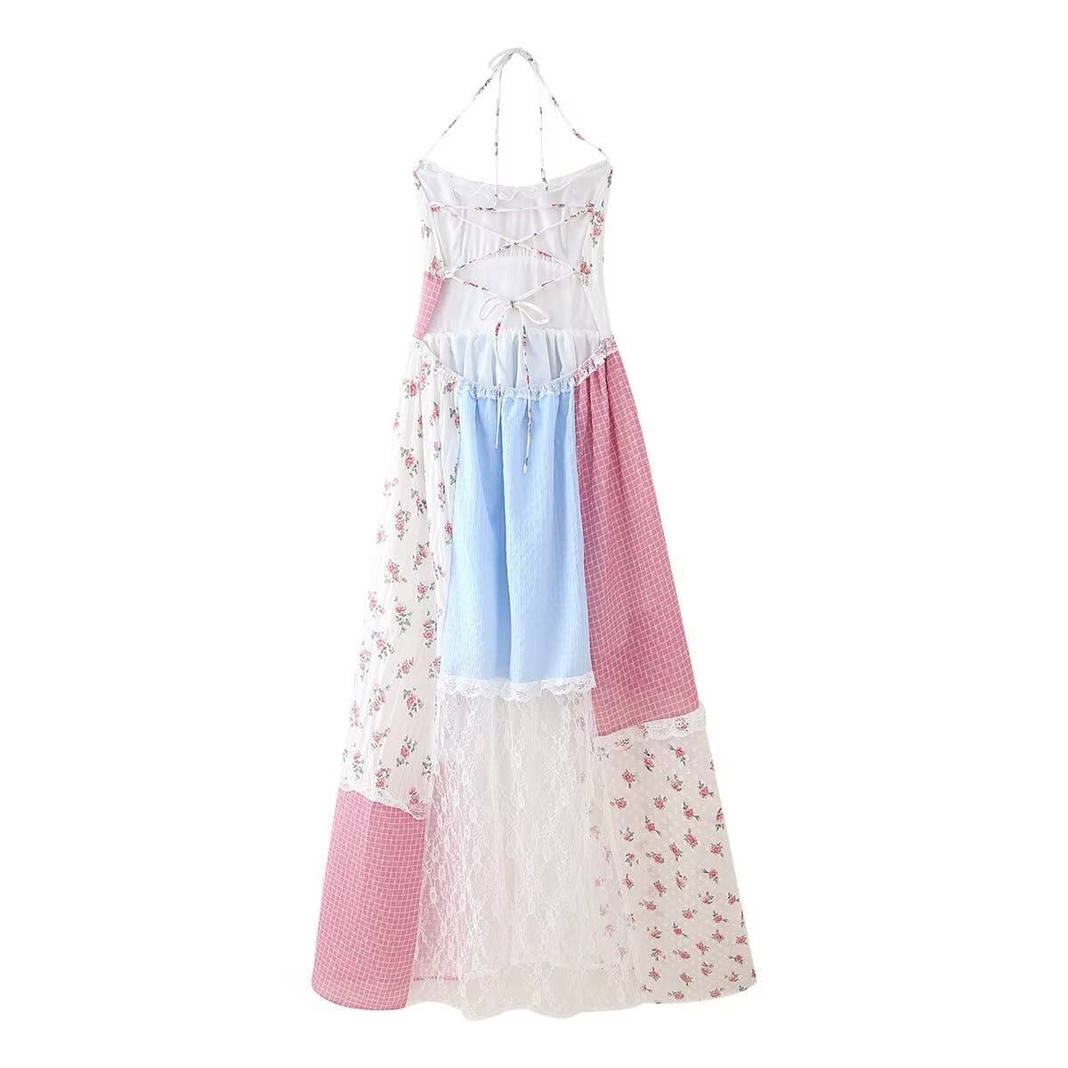 Rosa Clothing - Floral sheer mesh lace patchwork halter maxi flare dress