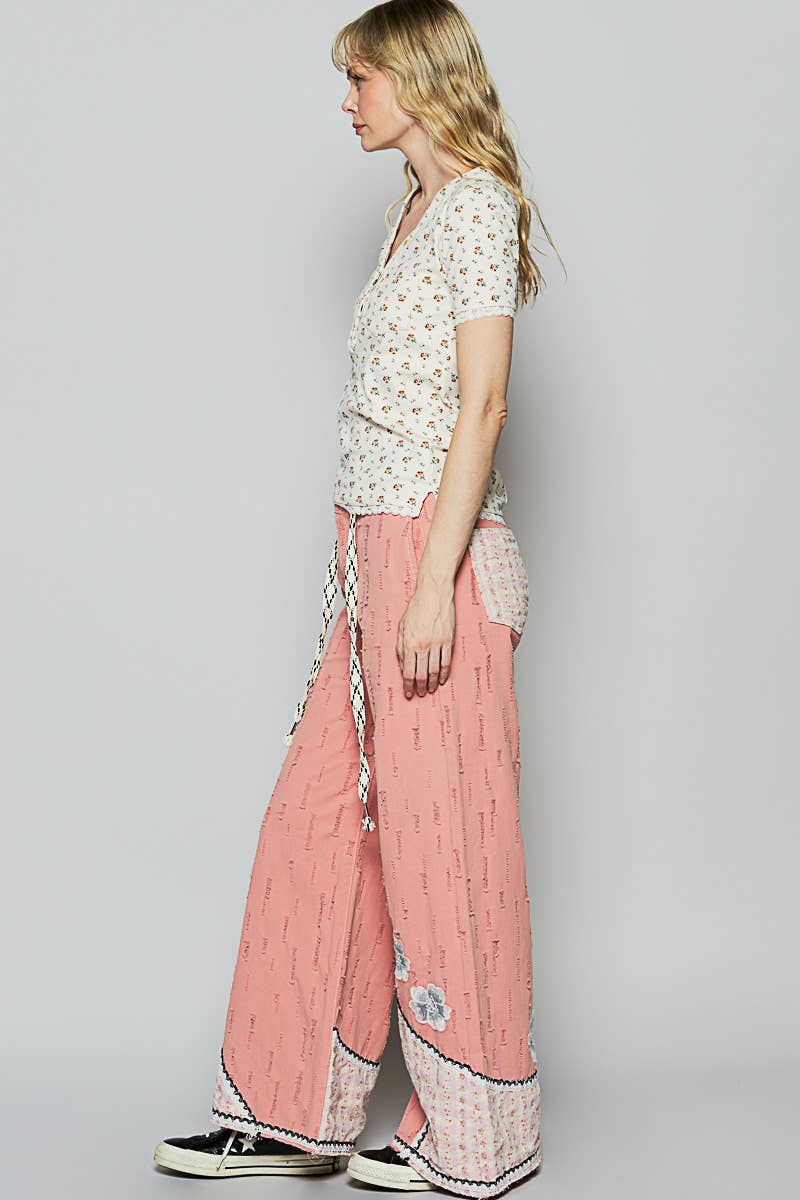 Pol Clothing - Floral patches embroidery elastic band casual pant
