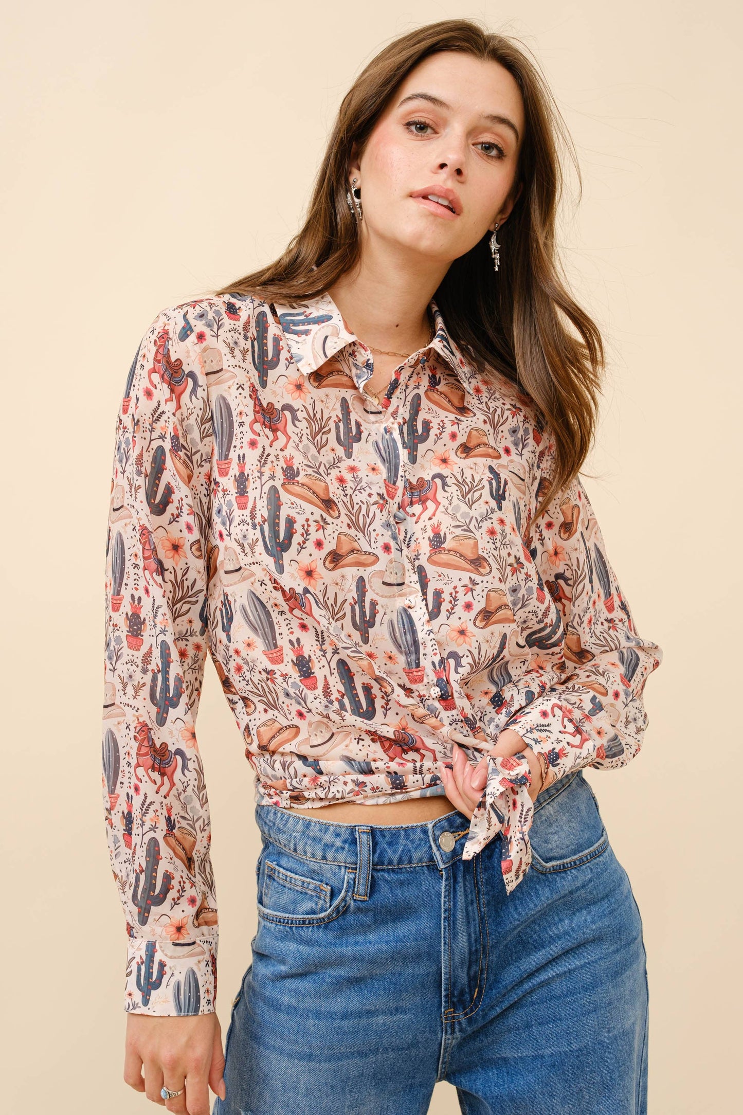 Blue B - 36204T - Western Print Chiffon Button Up Blouse