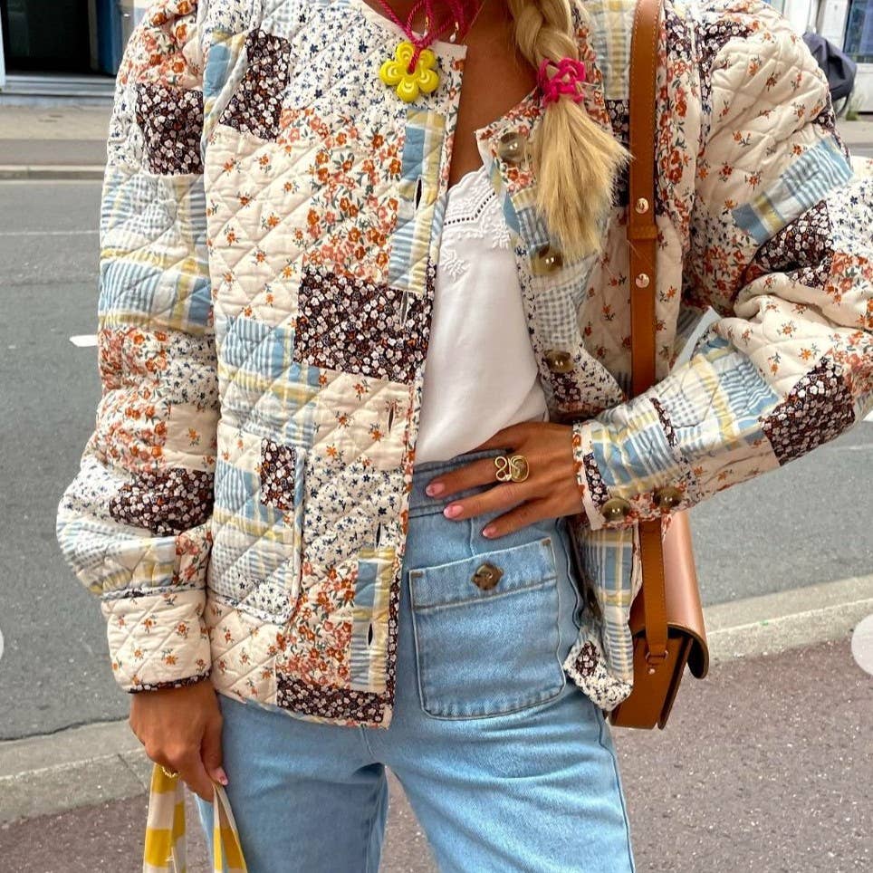 Rosa Clothing - Floral Color Blocks Print Quilted Jacket