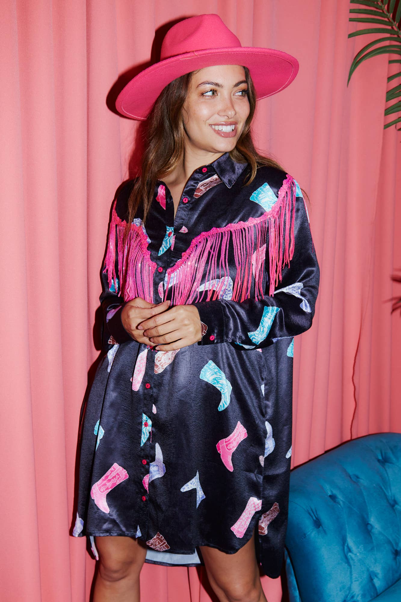 Boots Print Satin Shirt Dress - Preorders