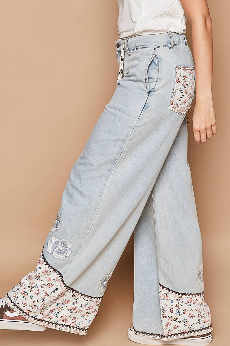 Pol Clothing - Floral patches embroidery elastic band casual pant