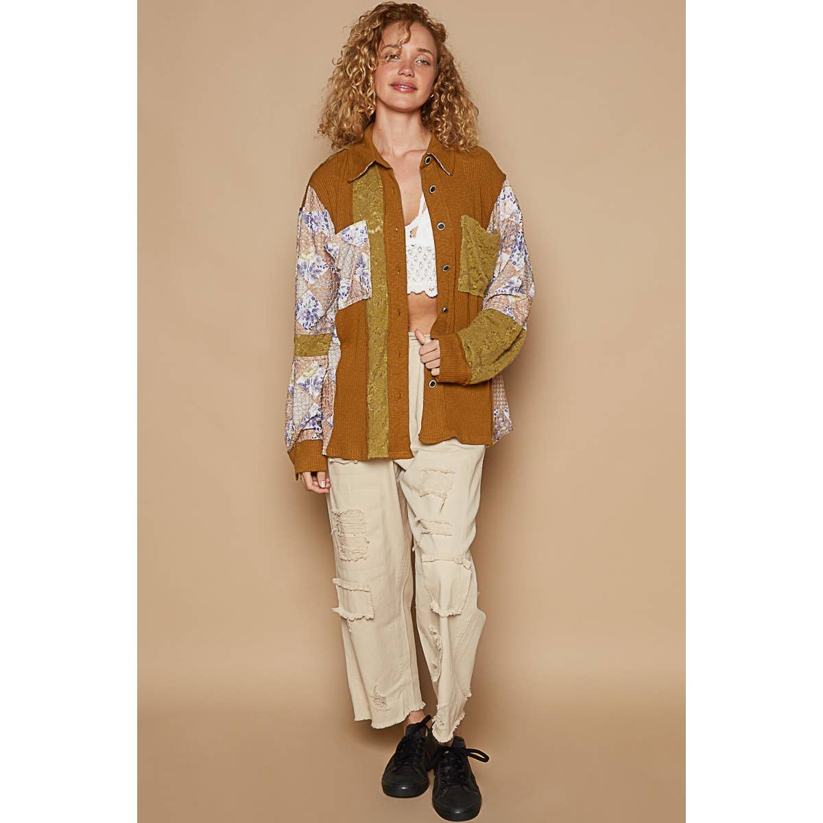 Pol Clothing - Oversized floral contrast front pockets shirt