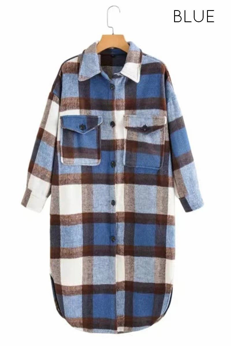 Miss Sparkling - Long Plaid Flannel Jacket