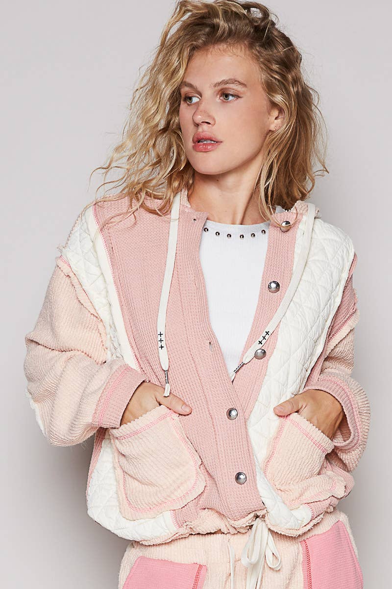 Pol Clothing - Cut sew multi fabric hooded button down combo shacket SALE