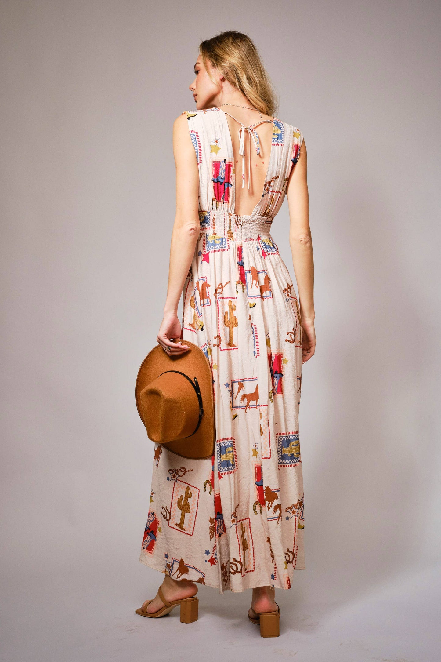 Blue B - 33111D - Western Motif Tie-Front Maxi Dress