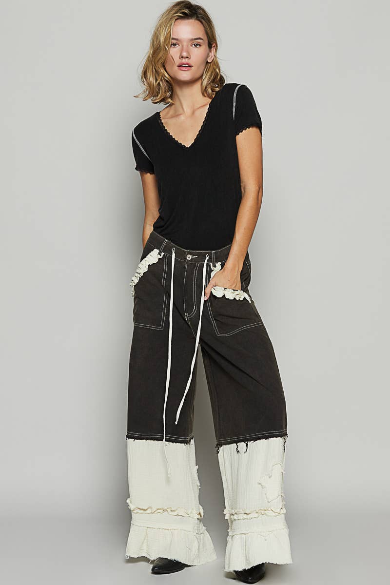 Pol Clothing - V-neck lace trim short sleeve stitch detail solid basic knit