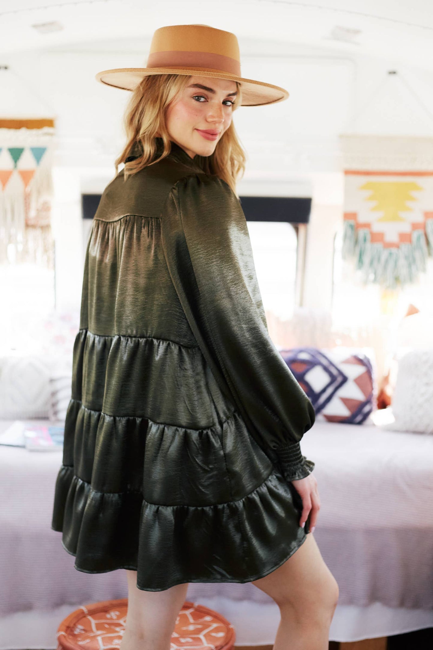 Satin Shirt Dress with Tiered Bottom