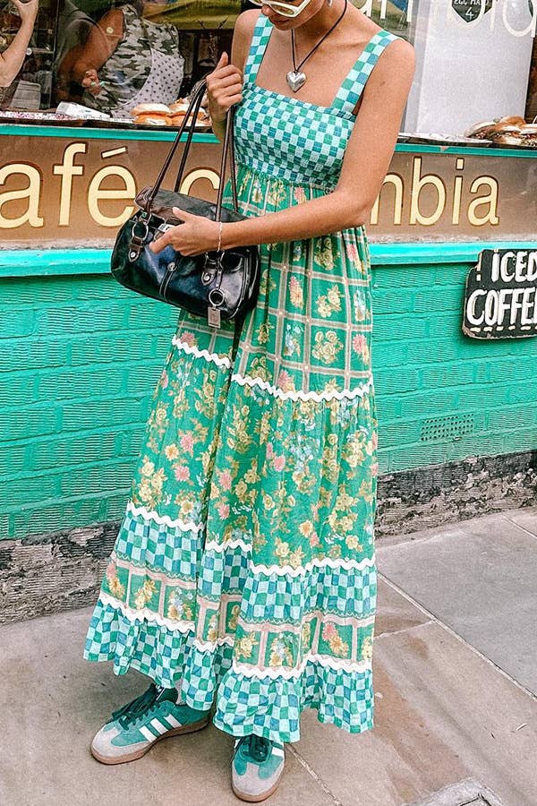 Rosa Clothing - Green checkered Unique Floral Boho ric rac tiered dress
