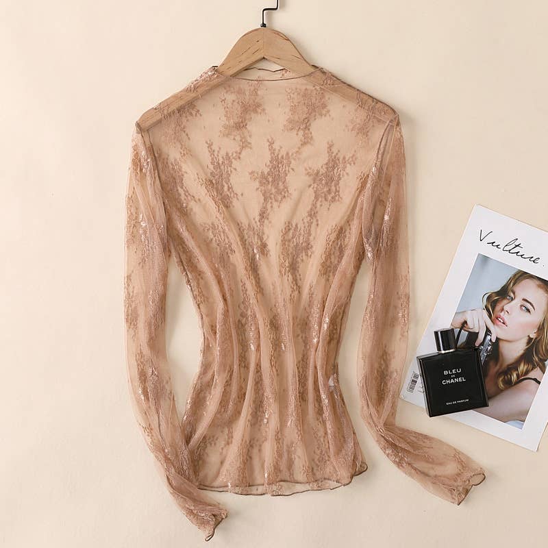 Rosa Clothing - Semi Sheer Mesh Floral Lace Layering See Through Top