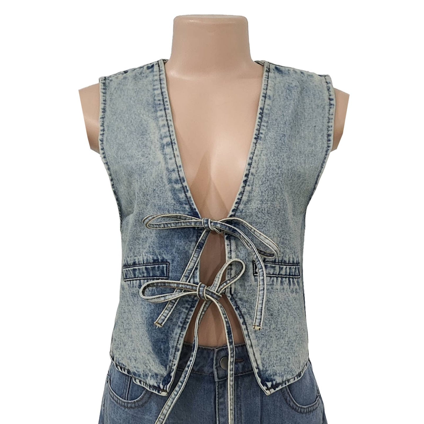 Rosa Clothing - Front bow tie v-neck Denim vest