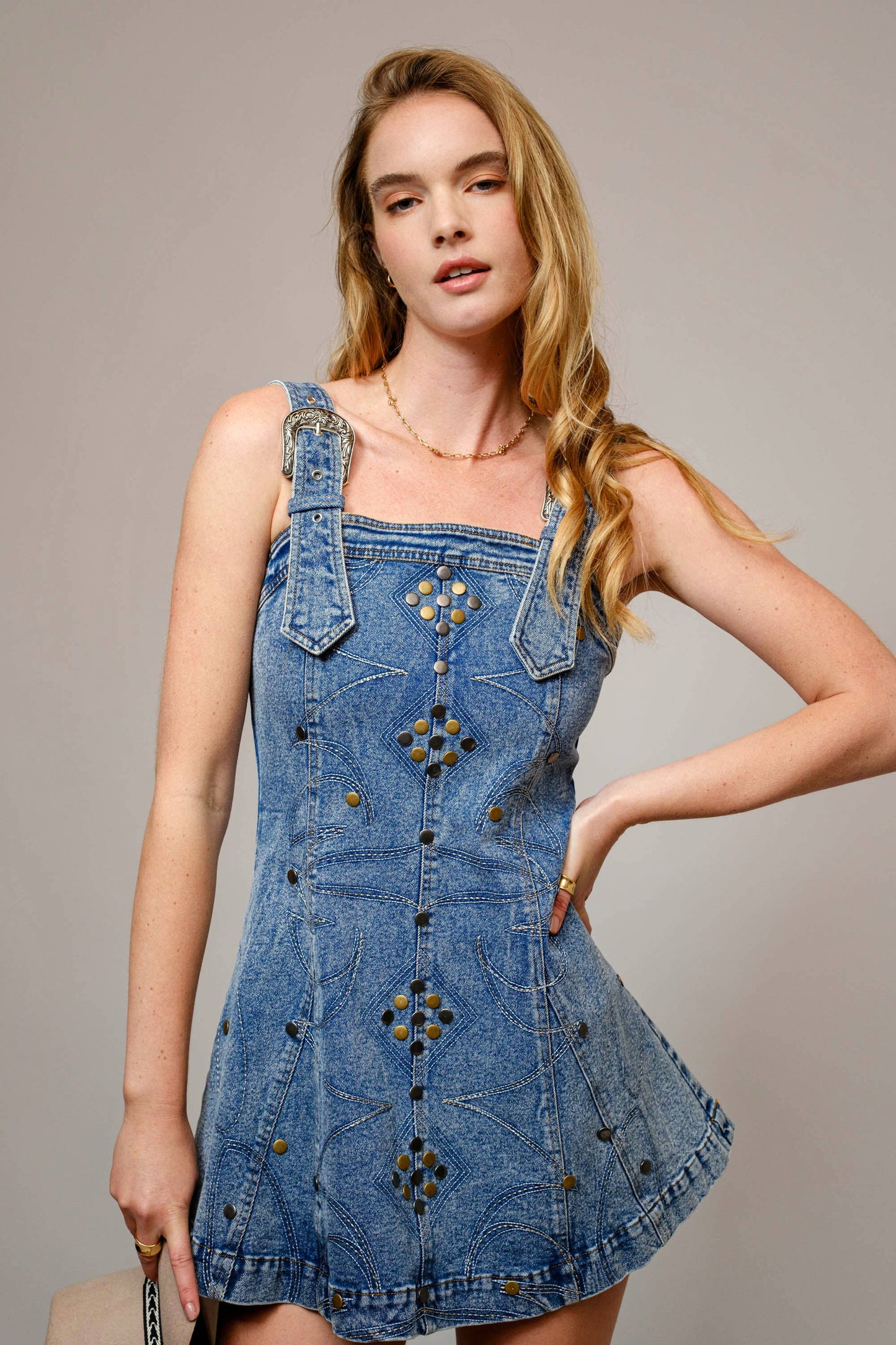 Blue B - 23466D - Studded Western Buckle Stretch Denim Dress