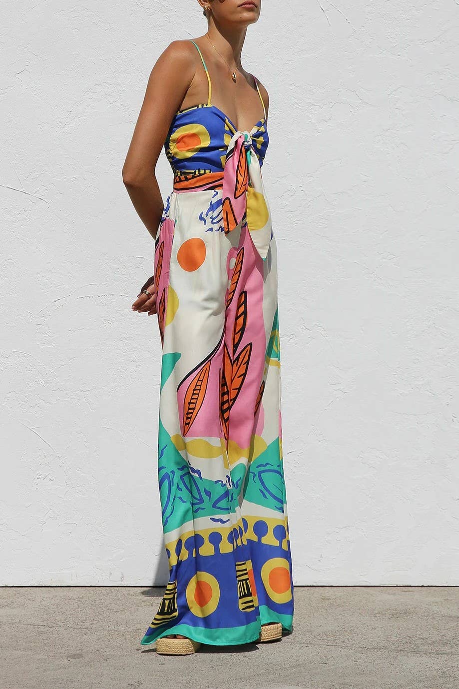 Rosa Clothing - Unique cartoon graffiti print keyhole knot cami Jumpsuit
