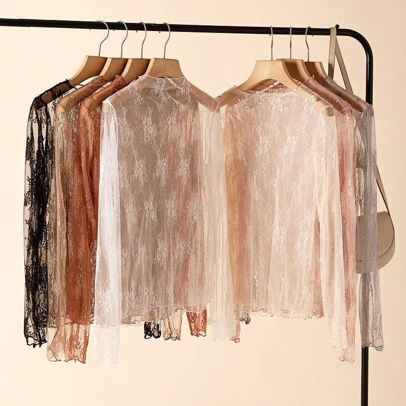 Rosa Clothing - Semi Sheer Mesh Floral Lace Layering See Through Top