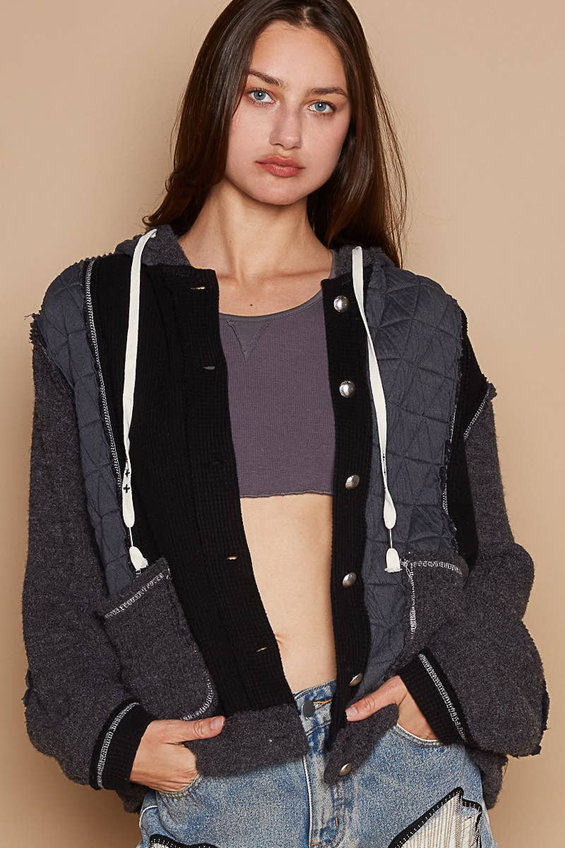 Pol Clothing - Cut sew multi fabric hooded button down combo shacket SALE