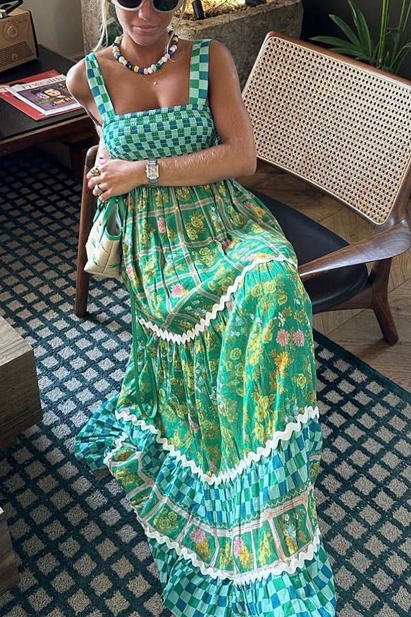 Rosa Clothing - Green checkered Unique Floral Boho ric rac tiered dress