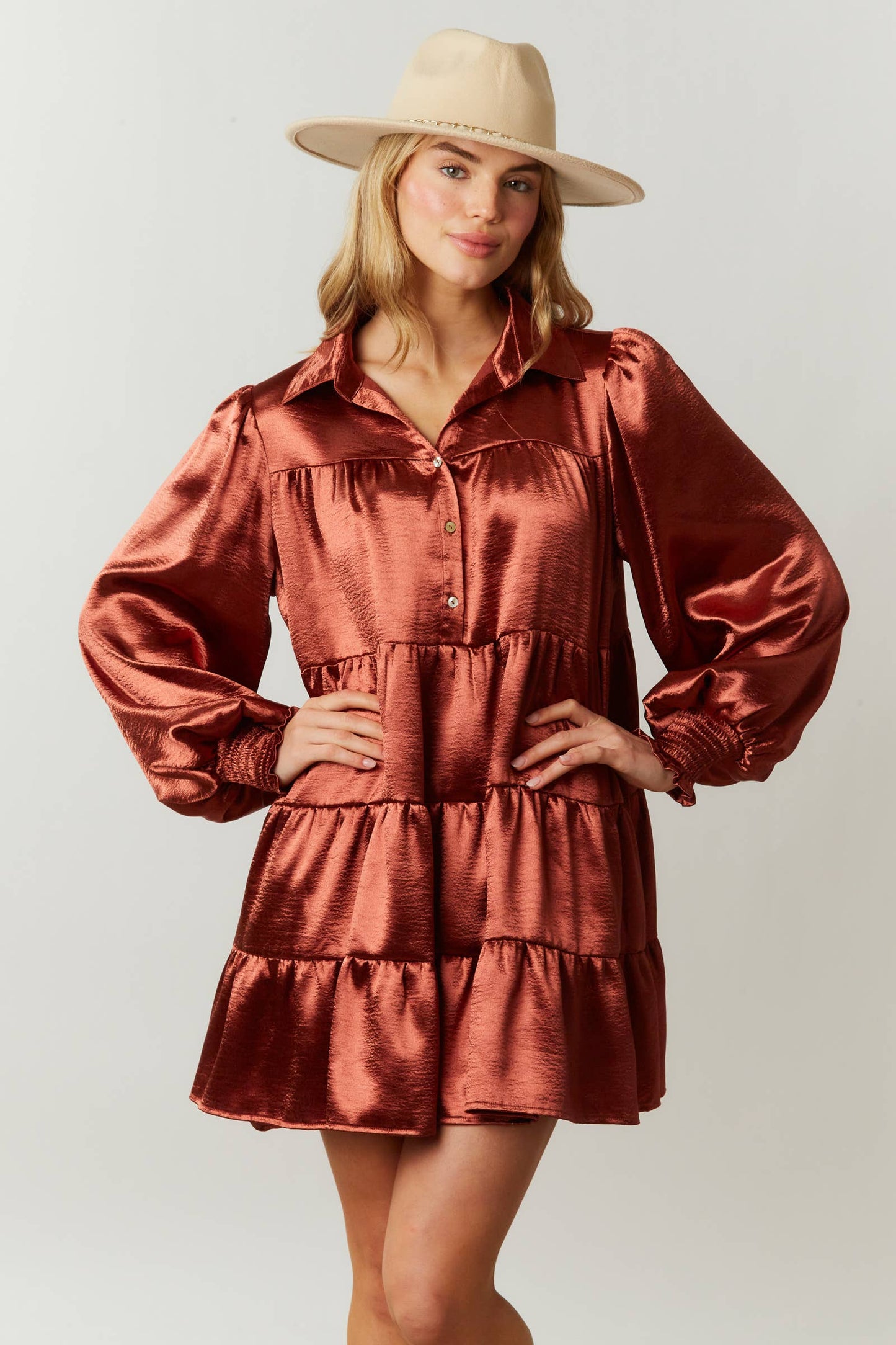 Satin Shirt Dress with Tiered Bottom