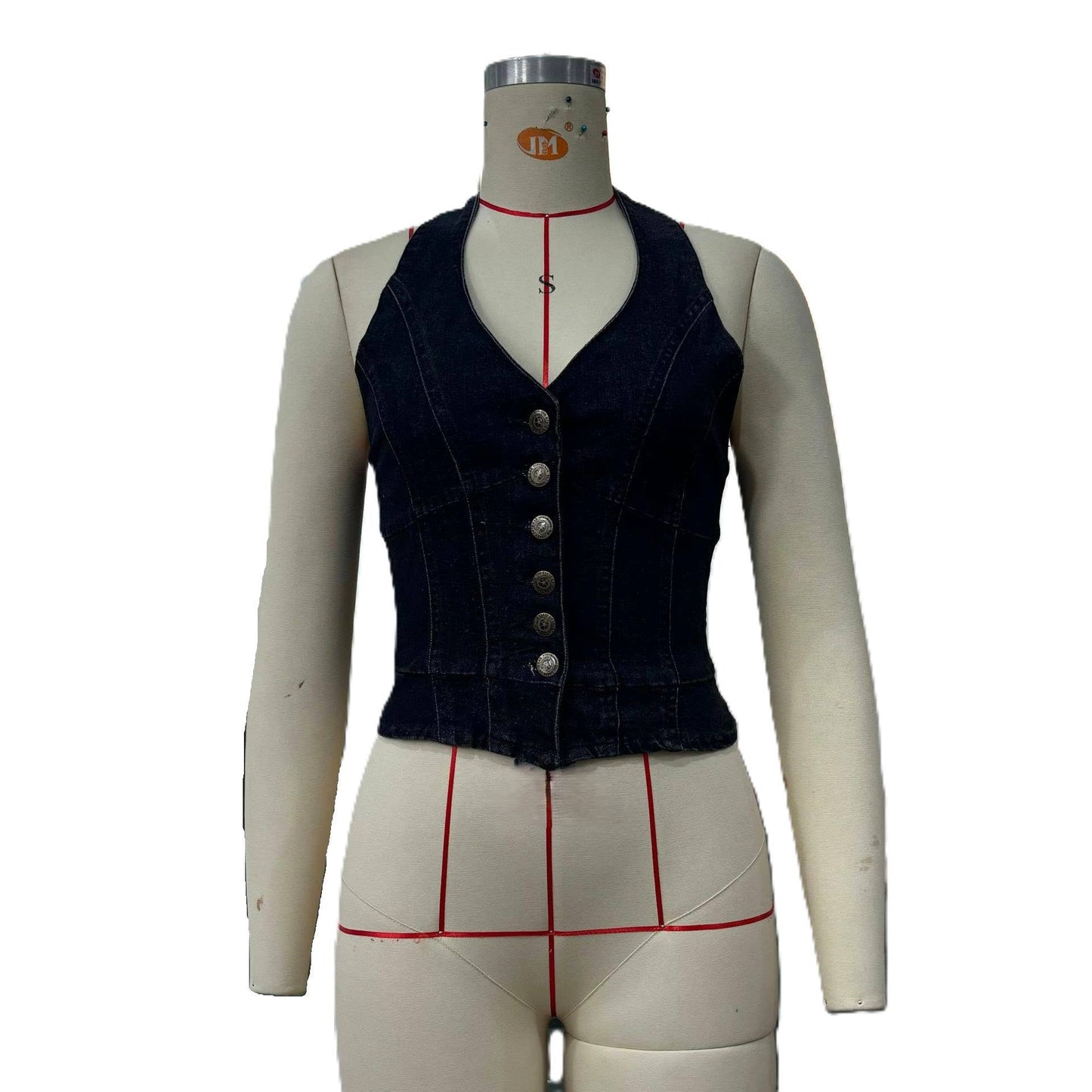 Rosa Clothing - Hottie Tie String Button Halterneck Denim Vest